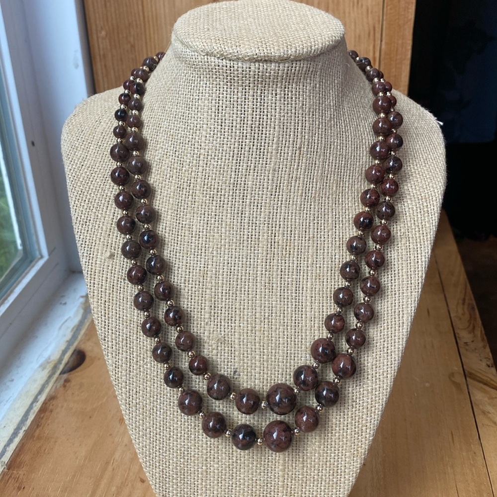 Vtg 80s Rhyolite Graduated Bead Double Strand Necklace